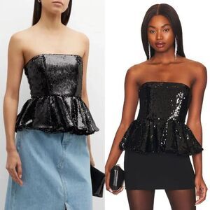 Ronny Kobo Collection Black Sequin Strapless Peplum Top